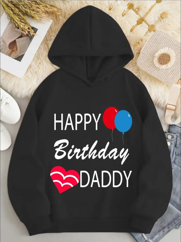 Women's Happy Birthday DADDY Graphic Hoodie, Casual Pullover Sweatshirt With Lettering And Balloon Print,Autumn Winter Fashion, Knit With Ribbed Cuffs And Hem
