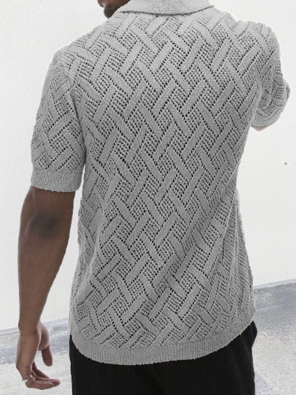 Men's Button Down Collared Neck Eyelet Knit Shirt