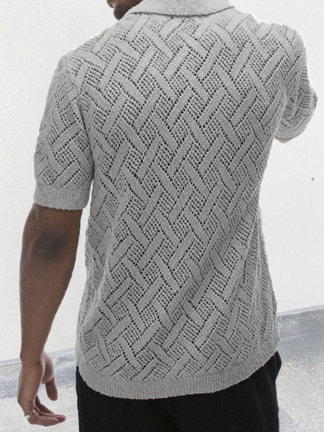 Men's Button Down Collared Neck Eyelet Knit Shirt