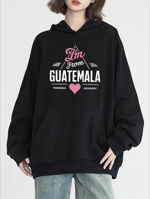 Women's Casual Guatemala-Inspired Graphic Hoodie With Kangaroo Pocket - Long Sleeve, Machine Washable
