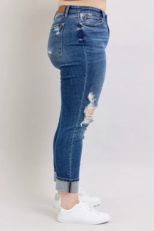 Judy Blue Full Size Mid Rise Boyfriend destroy Jeans with Yoke Pockets and Faux Selvedge Cuff Plus Size