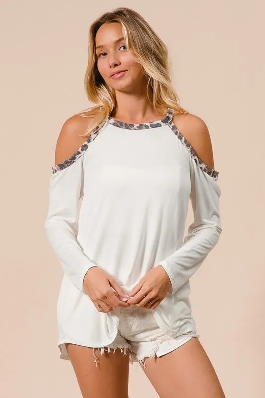 BiBi Jersey Knit Cold Shoulder Top with Leopard Neck