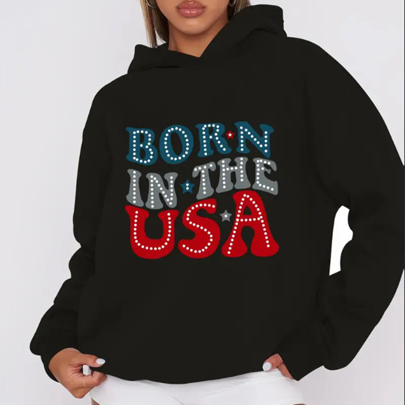 Women'S Casual  Hoodie With Born In The USA Letter & Graphic Print - Rib-Knit Hooded Sweatshirt For Fall Winter - Patriotic Slogan Pullover With Drawstring