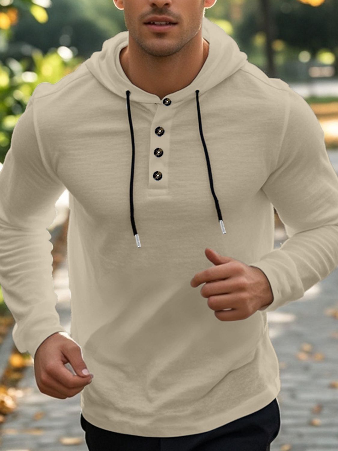 Men's Full Size Drawstring Button Detail Long Sleeve Hoodie Plus Size