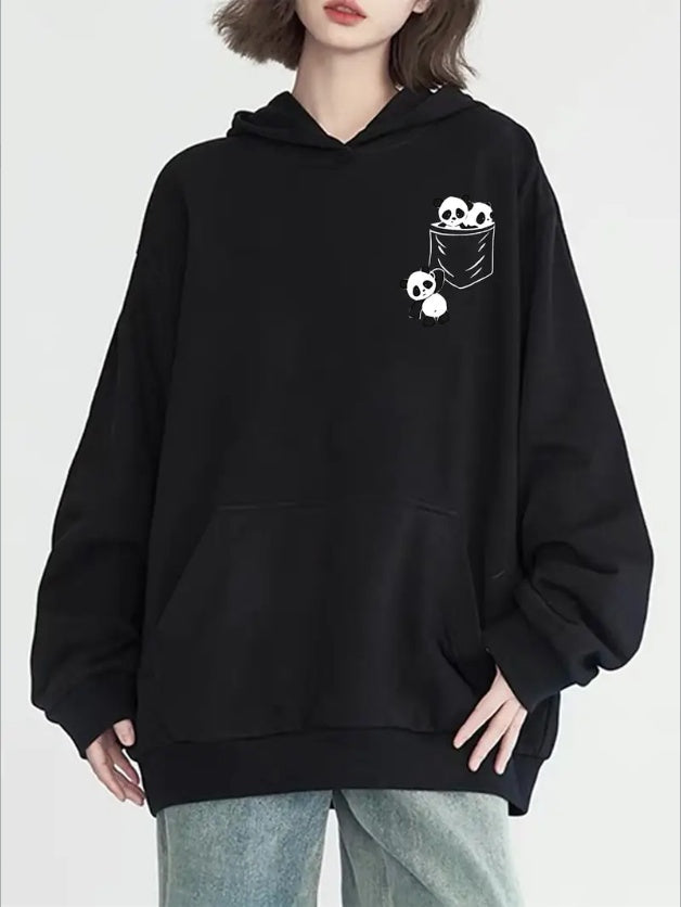 Women's Cute Panda Print Hoodie With Kangaroo Pocket - Casual Long Sleeve Pullover, Machine Washable