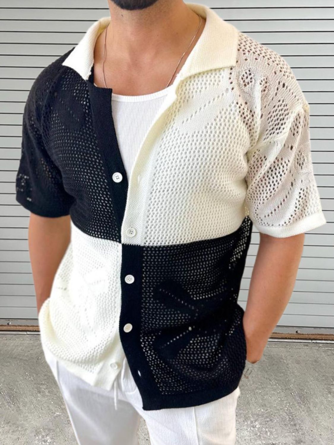 Men's Contrast Button Down Hollow Out Shirt