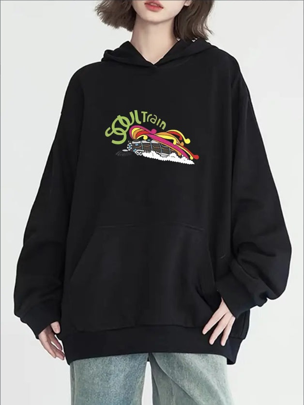Soul Train Printed Long Sleeve Pullover Hoodie With Kangaroo Pocket, For Fall & Winter, Outdoor Clothing