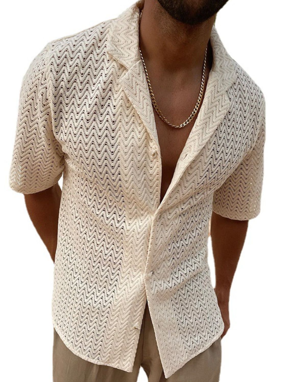 Men's Plus Size Herringbone Eyelet Button Down Knit Shirt