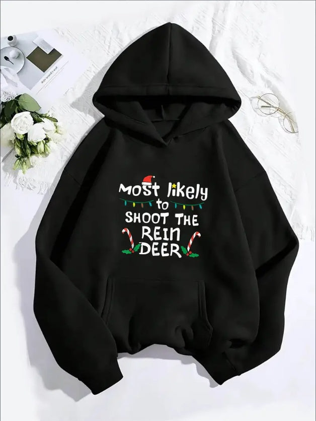 Christmas Reindeer Graphic Hoodie For Women, Casual Long Sleeve Hooded Sweatshirt With Kangaroo Pocket, Animal Pattern, For All Seasons