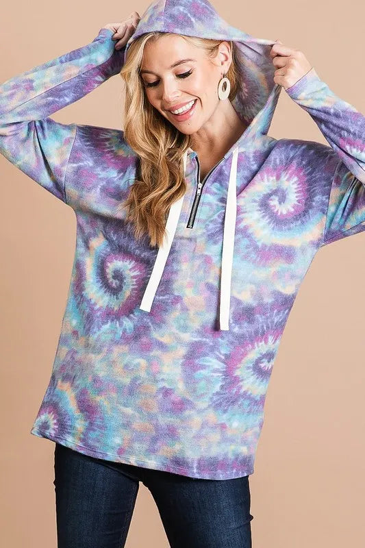 BiBi Brushed Circular Tie Dye Print Terry Hoodie