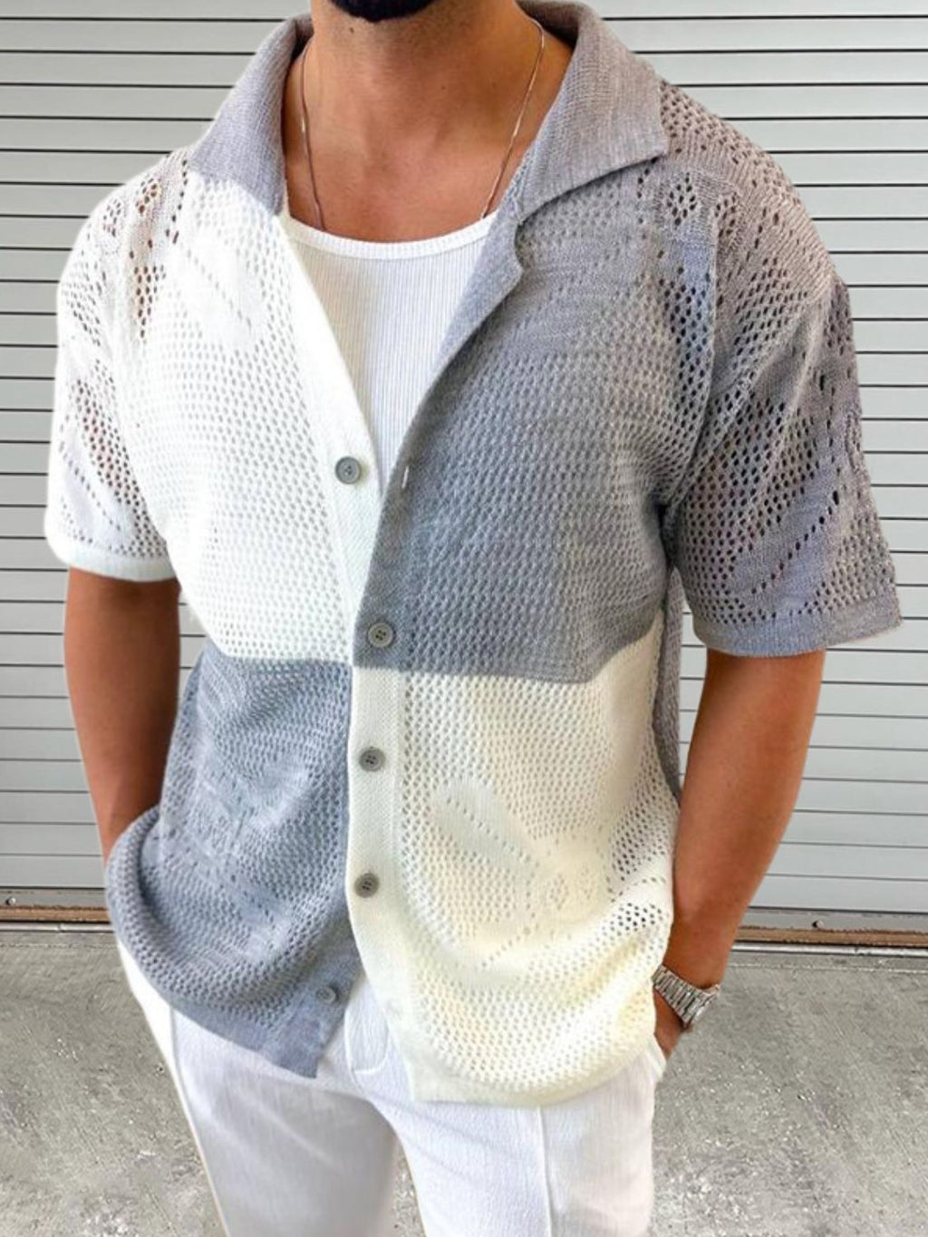 Men's Contrast Button Down Hollow Out Shirt