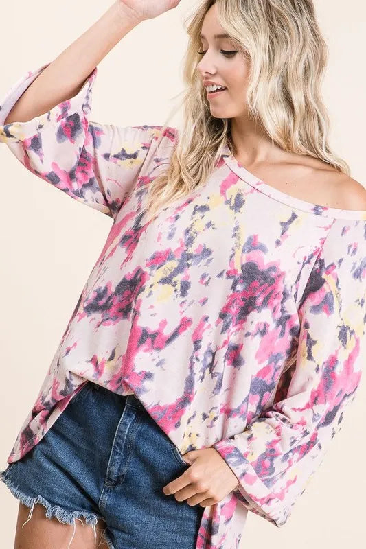 BiBi Tie Dye Print Terry A Line Top with Bell Sleeves