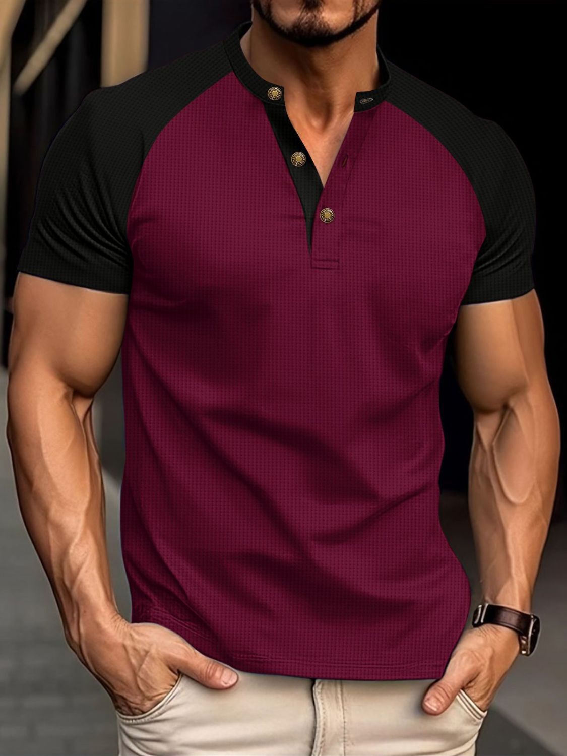 Men's Full Size Waffle-Knit Round Neck Contrast Polo Plus Size