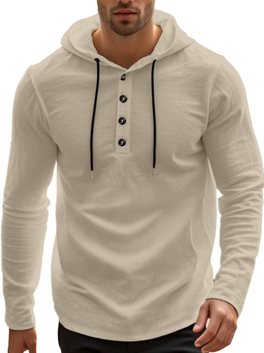 Men's Full Size Drawstring Button Detail Long Sleeve Hoodie Plus Size