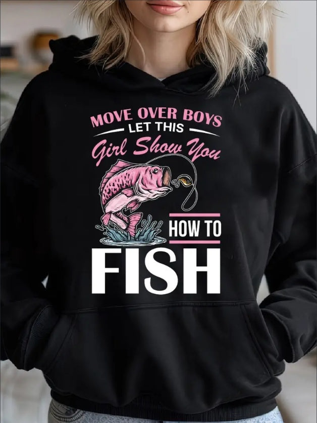 Move Over Funny Girls Fishing Fisherman Fish Line Lover Gifts Cozy Classic Print Pullover Hoodie, Casual Long Sleeve Hoodie For Sprots