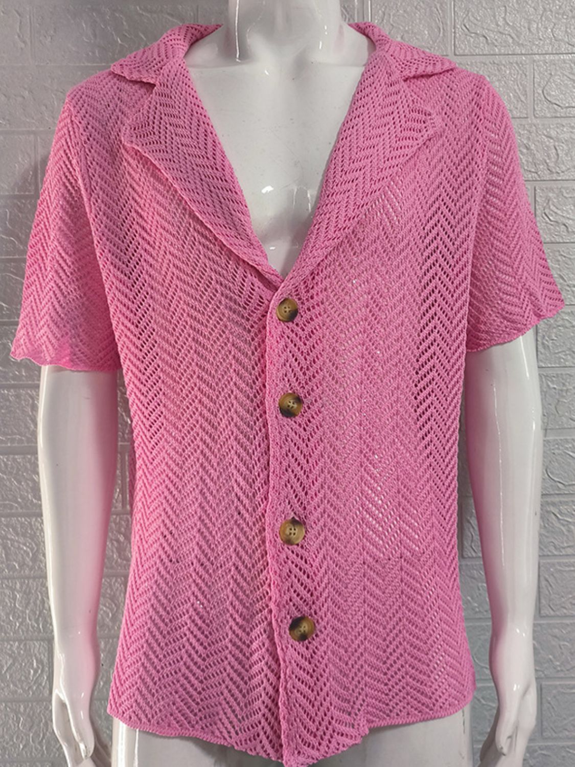 Men's Plus Size Herringbone Eyelet Button Down Knit Shirt