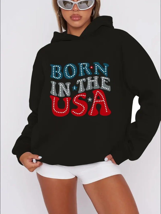 Women'S Casual  Hoodie With Born In The USA Letter & Graphic Print - Rib-Knit Hooded Sweatshirt For Fall Winter - Patriotic Slogan Pullover With Drawstring