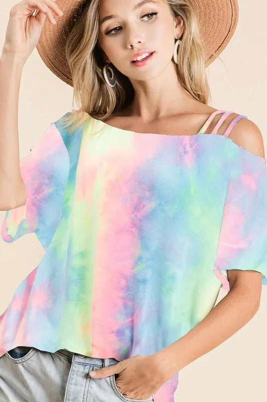 BiBi Tie Dye French Terry Strapped One Shoulder Top