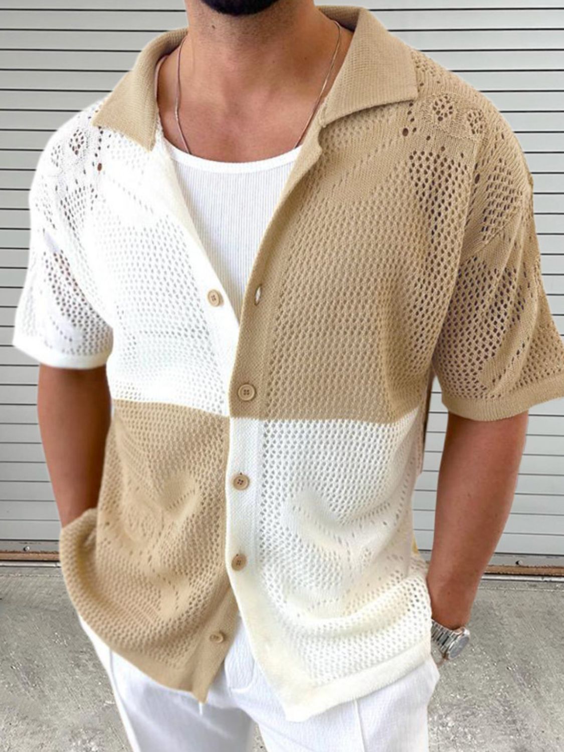Men's Contrast Button Down Hollow Out Shirt