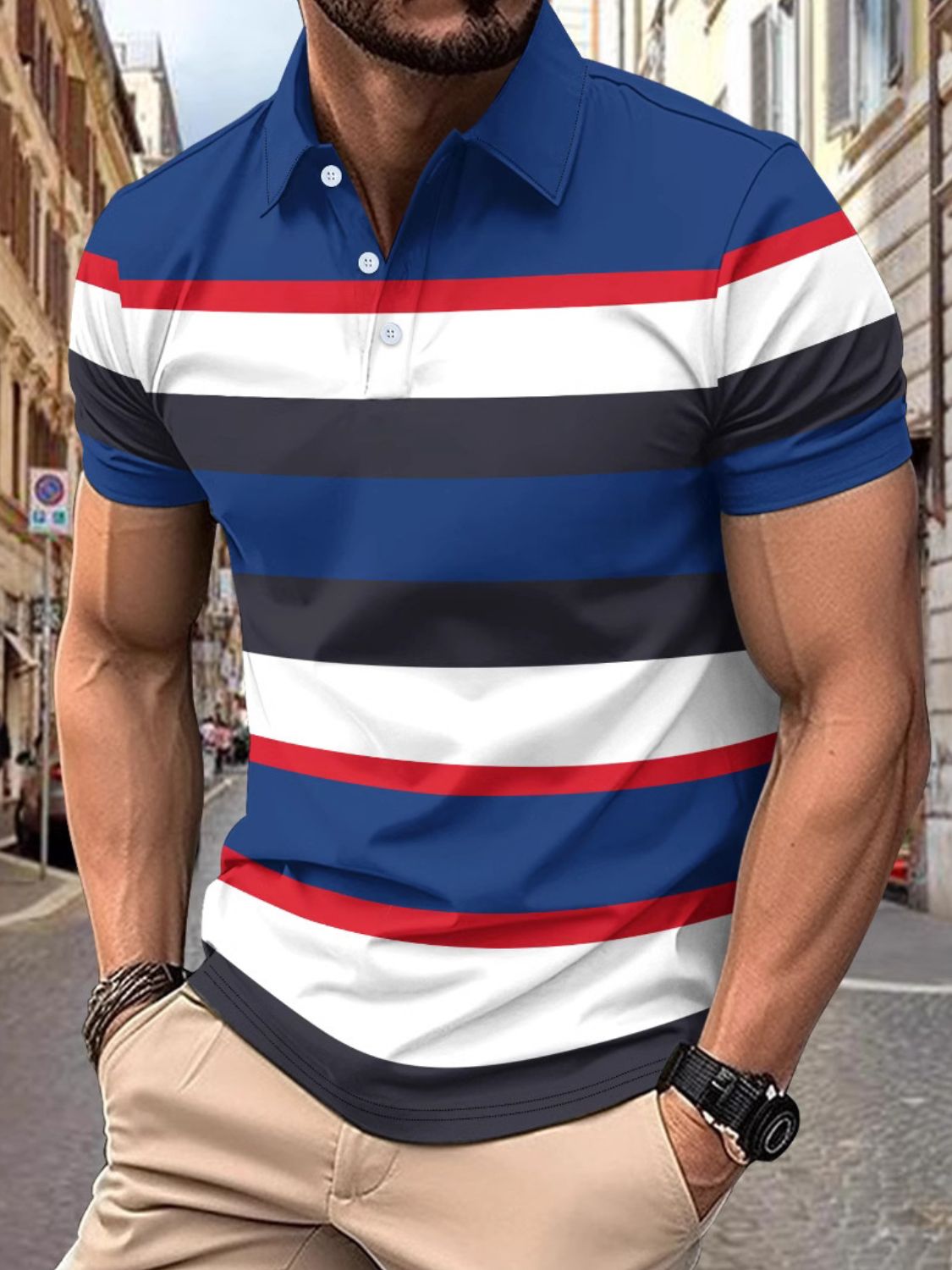 Men's Full Size Collared Short Sleeve Striped Polo Plus Size