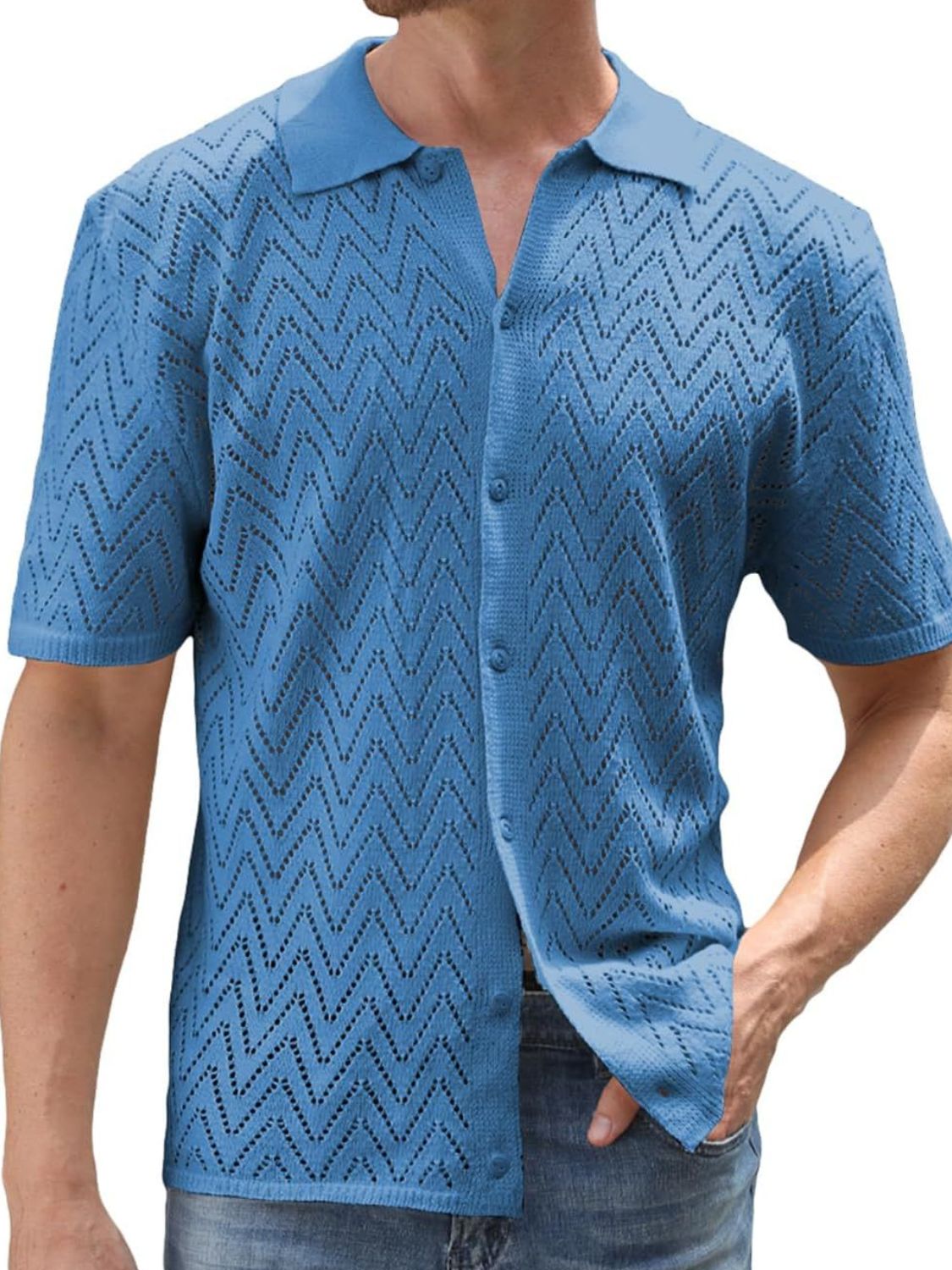 Men's Full Size Openwork Button Down Short Sleeve Shirt Plus Size