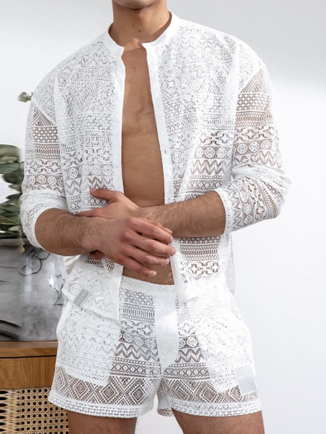 Men's Full Size Lace Button Down Top and Shorts Set Plus Size