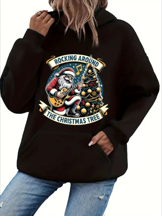 Women'S Casual Christmas Tree And Santa Graphic Hoodie, Hooded Long Sleeve Sweatshirt With Kangaroo Pocket, For All Seasons