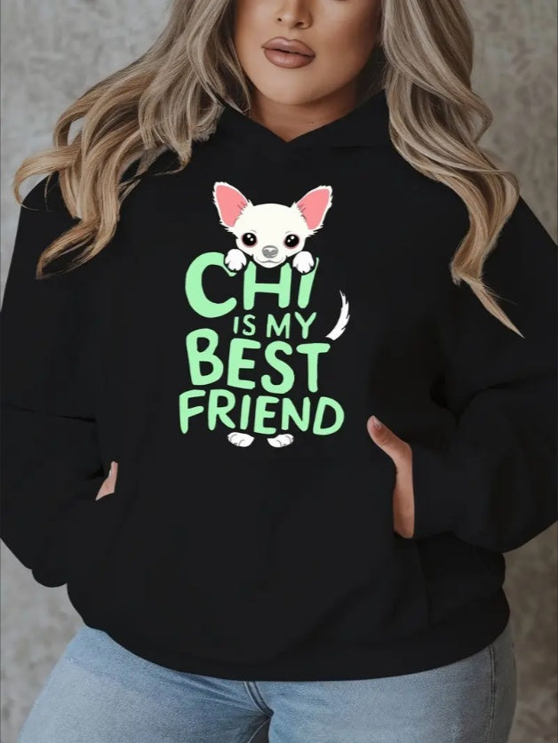 Plus Size Casual Hooded Sweatshirt With Chihuahua Print - Polyester Knit Pullover With Slight Stretch For Fall Winter  Women's Oversized Long Sleeve Top With Alphabet Pattern - Hoodie With Pockets