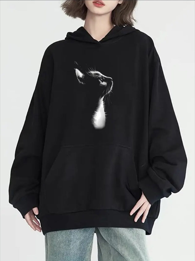 Women'S Fashion Cat Silhouette Print Hoodie, Long Sleeve, Crew Neck, With Pocket, Casual Pullover Sweatshirt, All-Season Versatile Style