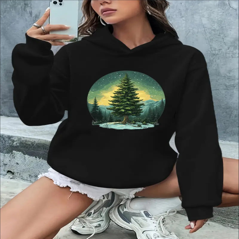 Ladies' Autumn And Winter Ribbed Casual Knitted Printed Hooded Sweatshirt