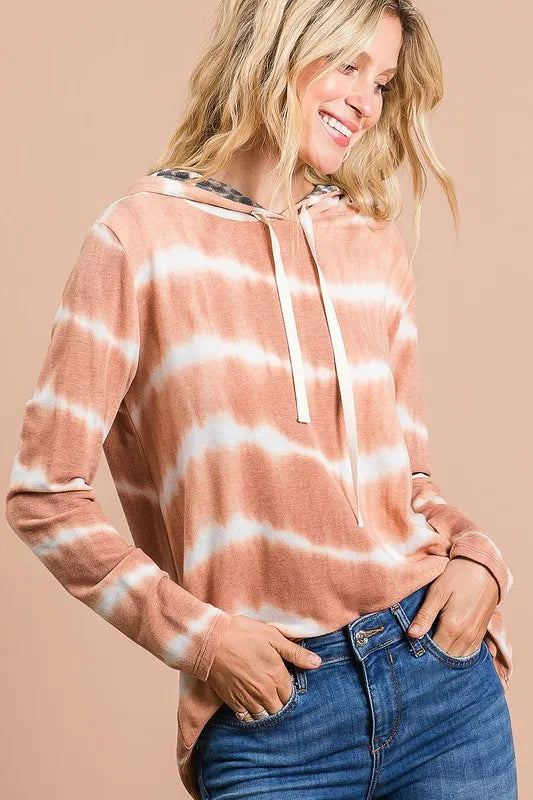 BiBi Tie Dye Stripe Terry Drawstring Hoodie With Leopard