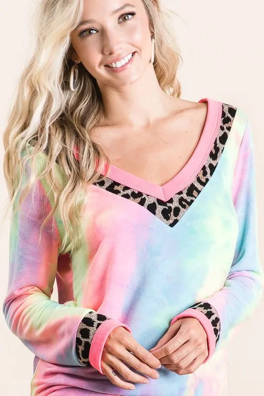 BiBi Tie Dye Terry V-Neck Top