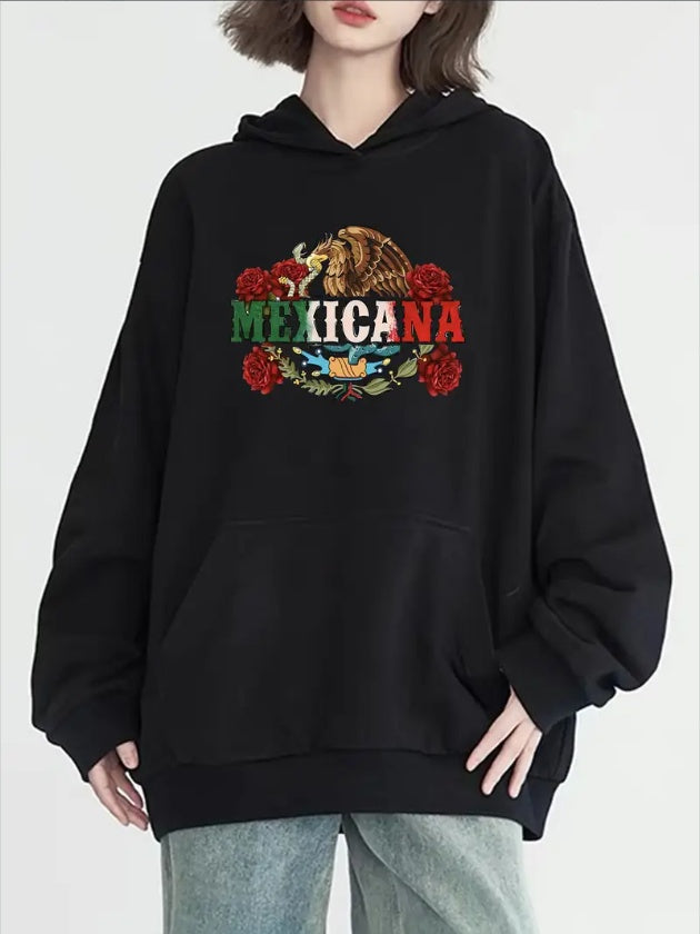 Women's Fashion Mexican Eagle Print Hoodie, Long Sleeve, Crew Neck, With Pockets, Casual Pullover Sweatshirt, Versatile For Fall And Winter, All-Season, Hooded, Solid Color,