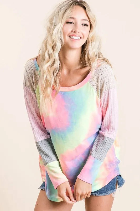 BiBi Tie Dye Terry Top with Color Block Pointelle Knit