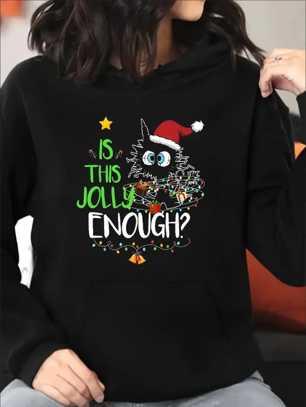 Women Christmas Cat Print Hoodie Plus Size Long Sleeve Pullover Sweatshirt With Pockets