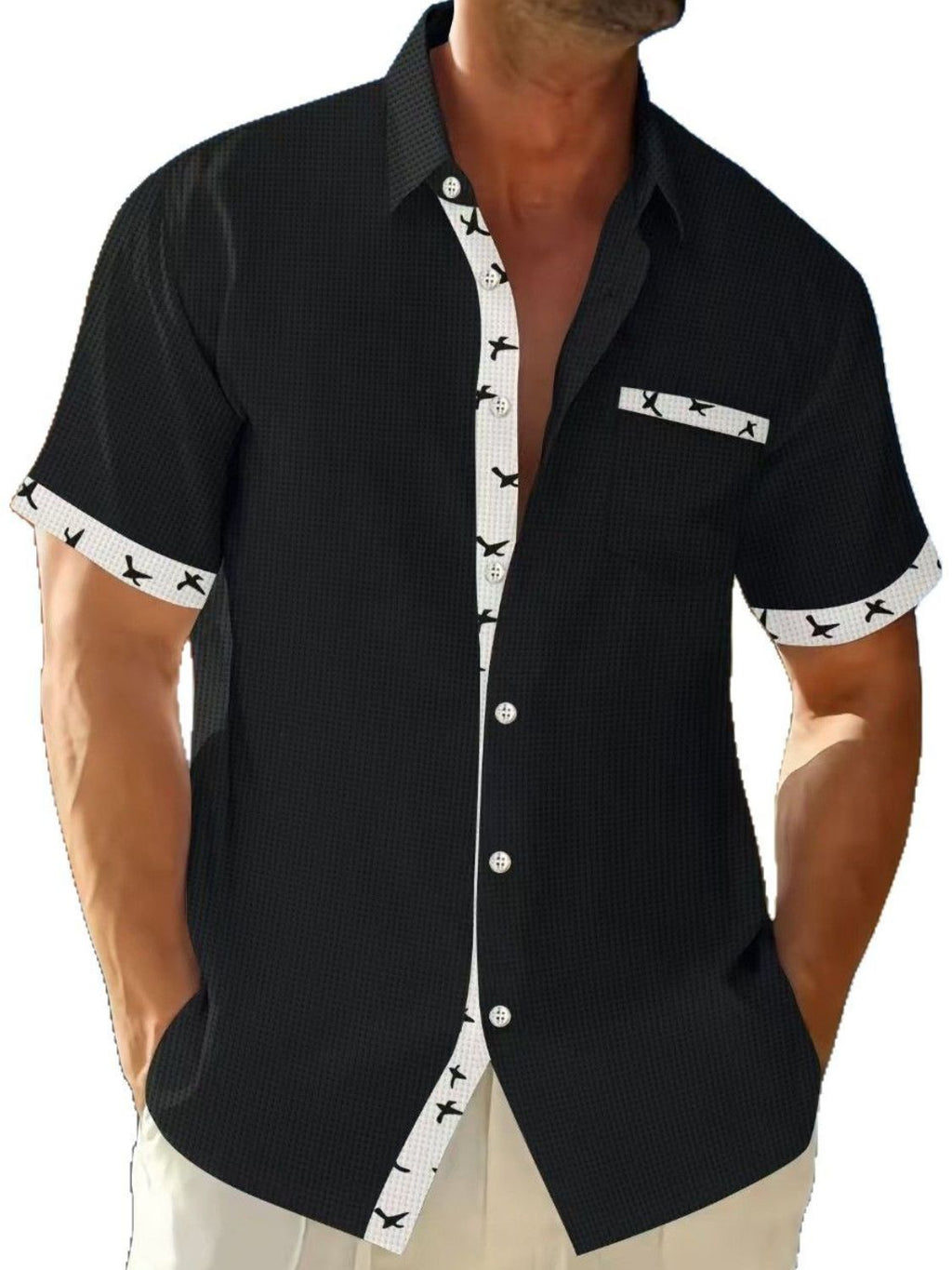 Men's Full Size Contrast Trim Waffle Knit Short Sleeve Shirt Plus Size