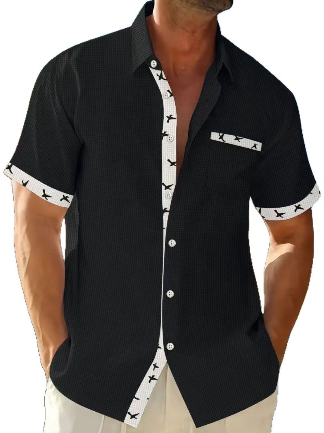 Men's Full Size Contrast Trim Waffle Knit Short Sleeve Shirt Plus Size