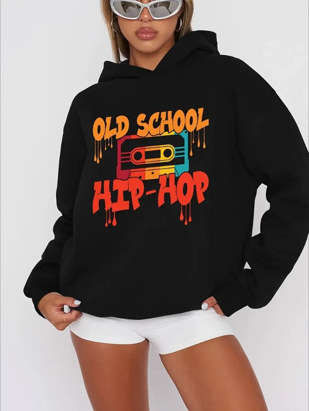 Hip Hop Print Drop Shoulder Hoodie, Casual Long Sleeve Hooded Sweatshirt For Spring & Fall, Women's Clothing