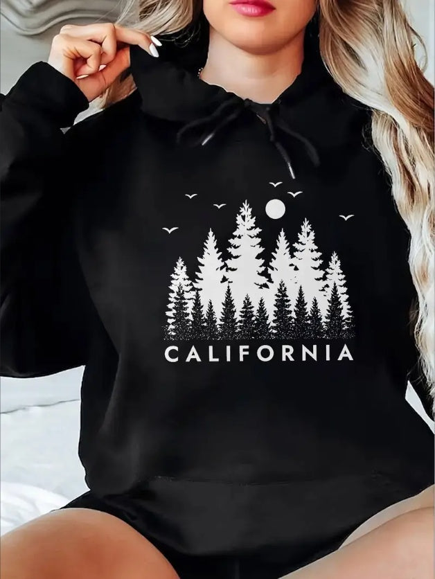 Women's Cozy  Hoodie With Pine Tree & Moon Print - Casual Pullover Sweatshirt, Classic Design