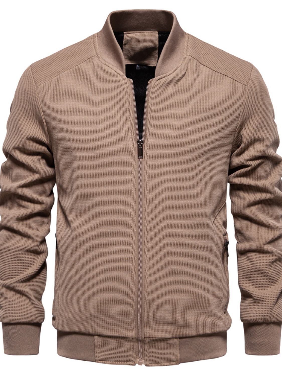 Men's Waffle Knit Baseball Collar Zip Up Jacket