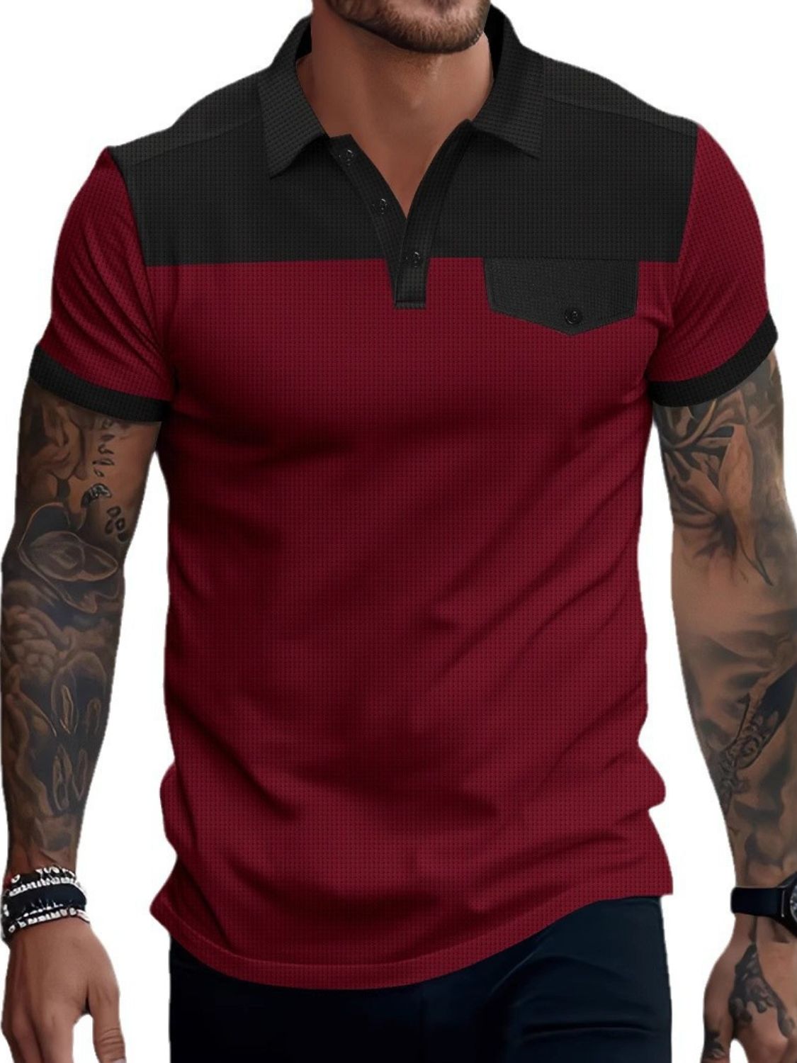 Men's Full Size Waffle-Knit Collared Contrast Polo Plus Size