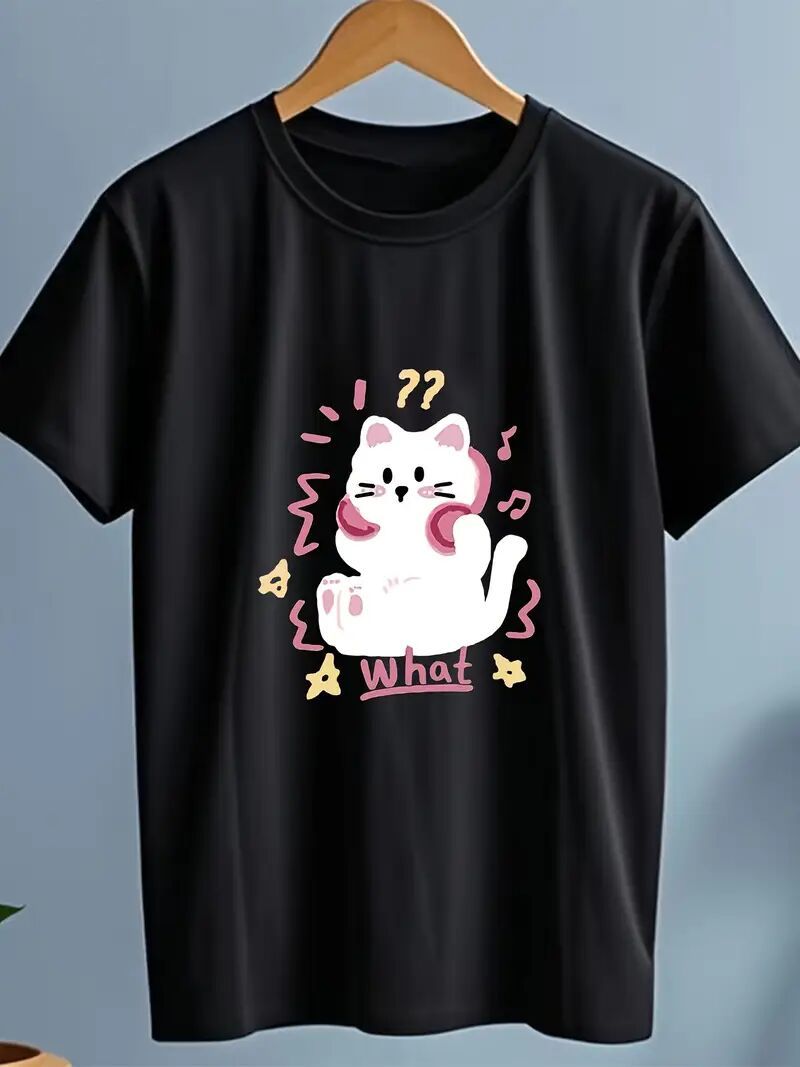 Women's Graphic T-Shirt: Stylish Black Printed Short Sleeves S-2XL