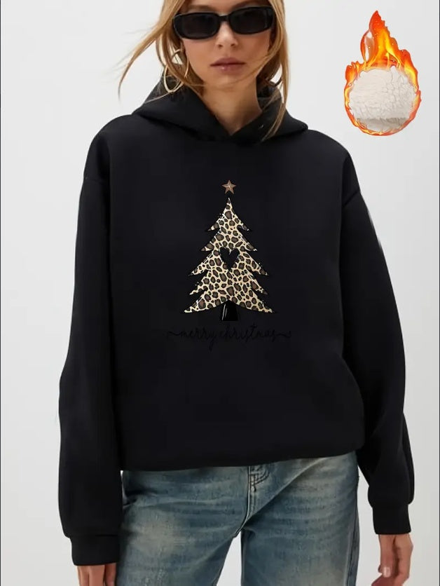 Women'S Casual Christmas Tree Hoodie - Fleece Lined Sweatshirt With Western & Animal Patterns, Hooded Collar For Fall Winter - Leopard Print Tree & Merry Christmas Graphic