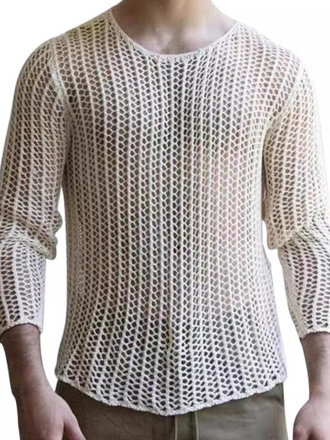 Men's Full Size Hollow Out Round Neck Long Sleeve Top Plus Size