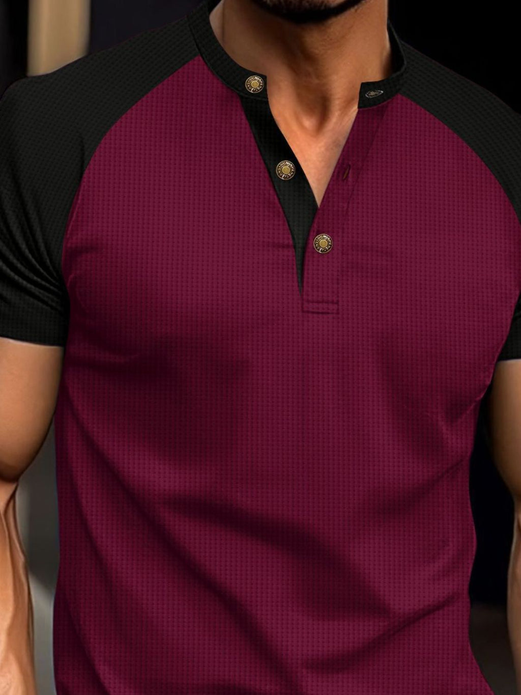 Men's Full Size Waffle-Knit Round Neck Contrast Polo Plus Size