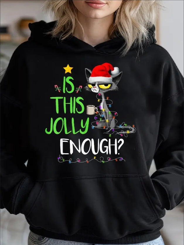 Is This Jolly Enough Black Cat Merry Christmas Tree Lights Woman's Cozy Classic Print Pullover Hoodie, Casual Long Sleeve Crew Neck Hoodie
