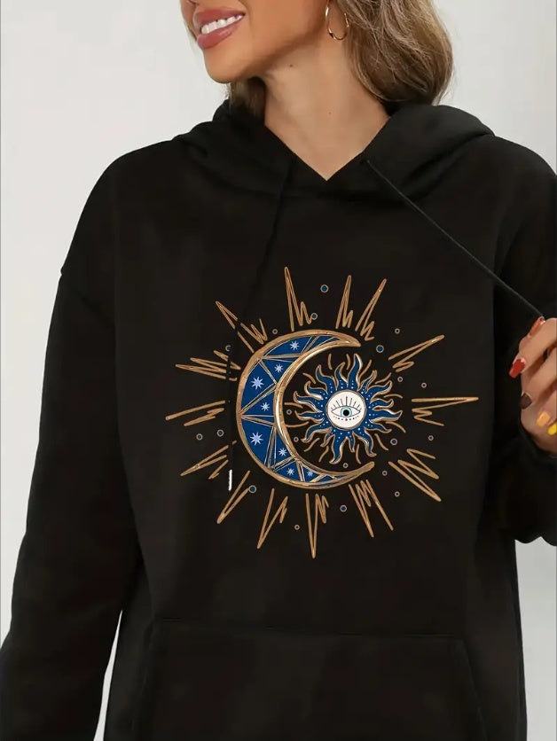 Moon & Sun Print Kangaroo Pocket Hoodie - Women's Casual Long Sleeve Drawstring Sweatshirt With Pocket, Relaxed Fit, Soft Fleece Lining, And Adjustable Hood - Perfect For Everyday Wear