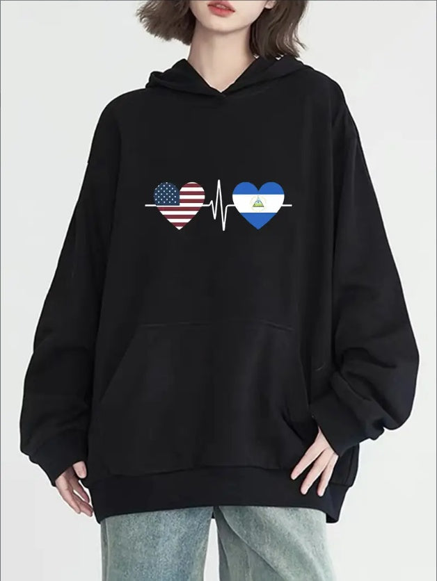 Women's Casual Hoodie With Heart Print - Long Sleeve, Kangaroo Pocket, Cozy Knit Pullover For Fall & Winter