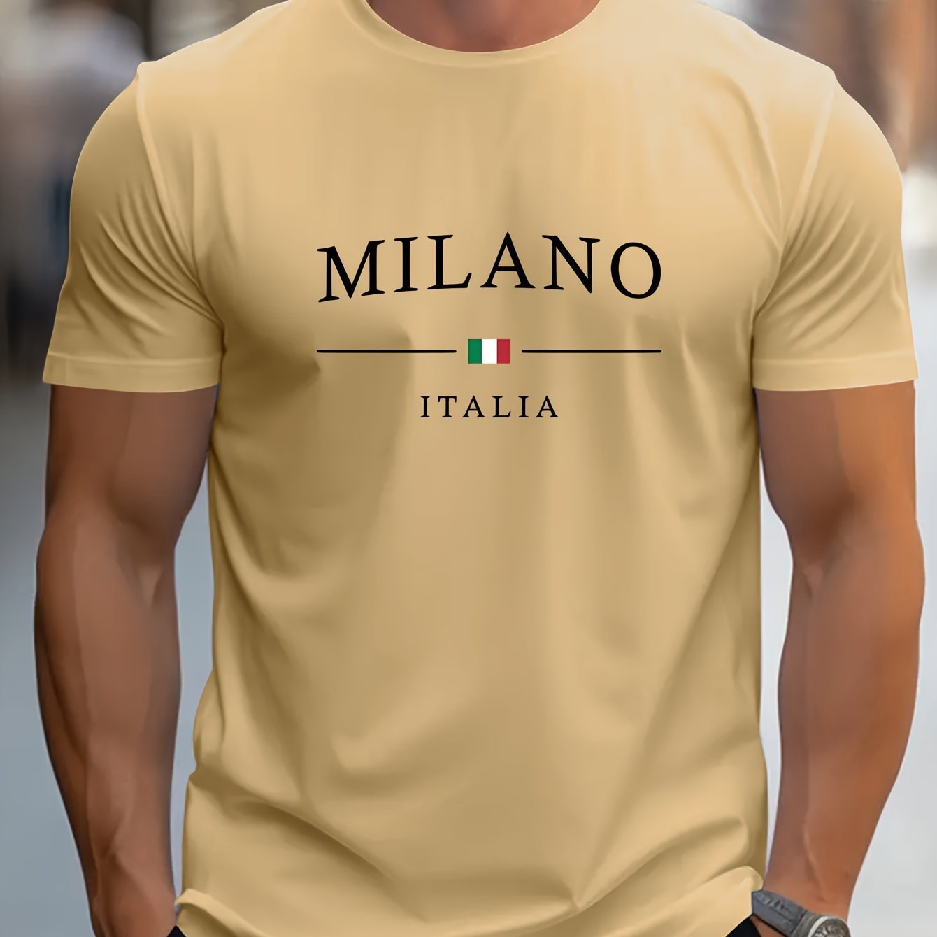 Milano Patterned Printed Men's T-shirt, Comfortable And Elastic Round Neck T-shirt, Perfect For Summer Outdoor Activities, Fashionable Streetwear, Men's Casual Tops