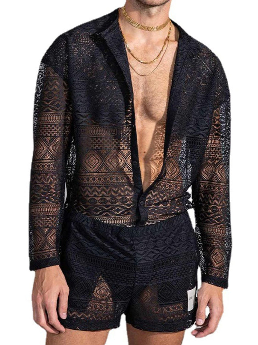 Men's Full Size Lace Button Down Top and Shorts Set Plus Size
